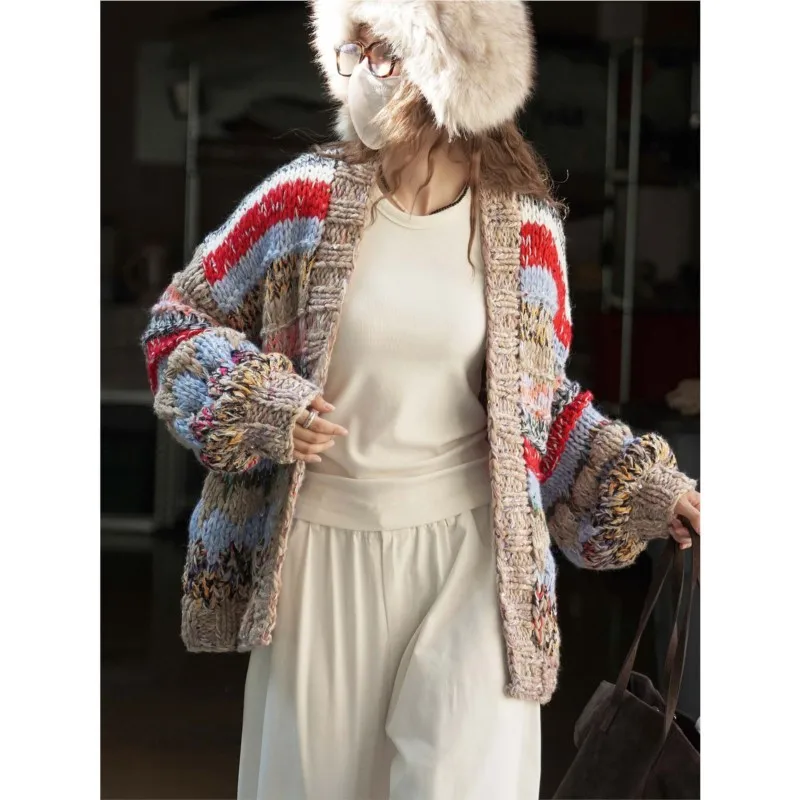 Johnature Winter New Korean Version Retro Lazy Colorful Thick Stripe Knit Wool Sweater Loose Coats For Women