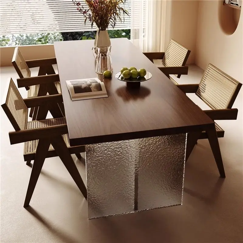 Acrylic suspended walnut dining table living room solid wood long table household large tea table