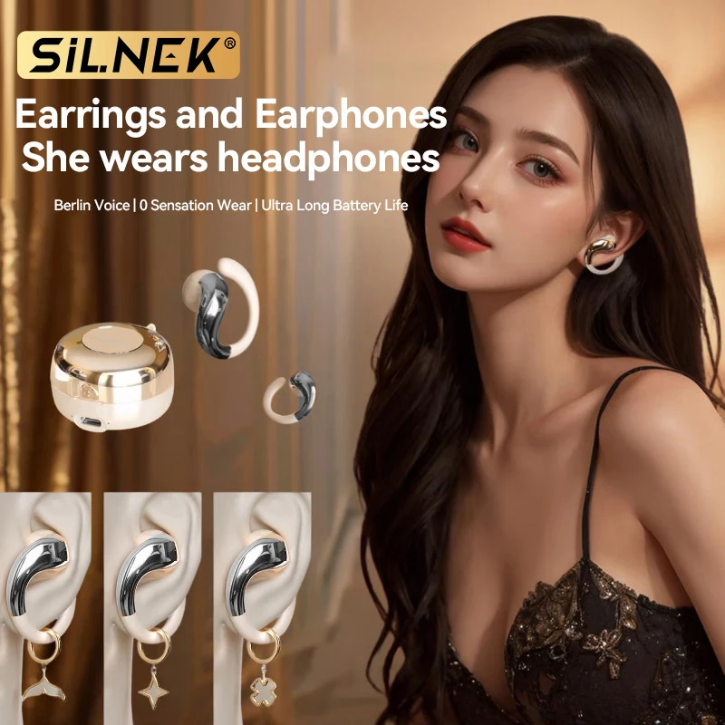

Silnek Creative Comfort Sport Earhook Wireless Earphone Female ENC Noise Cancelling Music Player Air Pods Tag Bluetooth Headset