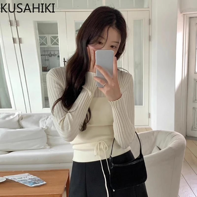 

KUSAHIKI Korean Chic Autumn Women Long Sleeved Slim Base Knitted Sweater + Lace Up Layered Strapless Vest Set