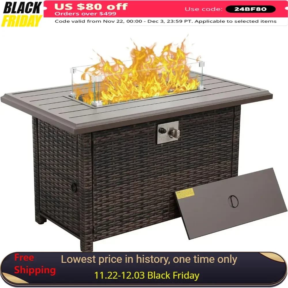 Outdoor Fire Pit Table, 43 Inches Gas Fires Pit with Steel Grille Tabletop Double Fires Tube Crystal Beads and Fire Pit Cover