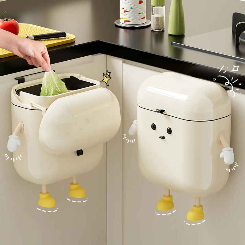 

9L/12L Senior Cream-Colored Wall-mounted Kitchen Trash Can With Lid For Food Waste And Bathroom No Bending High Appearance Level