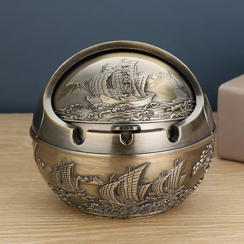 

2025 New Ashtray Zinc Alloy Windproof Semi Closed Cover 3D Enamel Design Globe Ashtray Large-bronze-Plain sailing