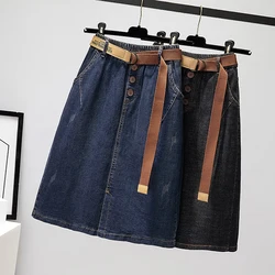 Women Denim Skirts Large Size Elastic Waist Mid Length Jean Skirt Spring Summer Solid Color Office Lady Faldas