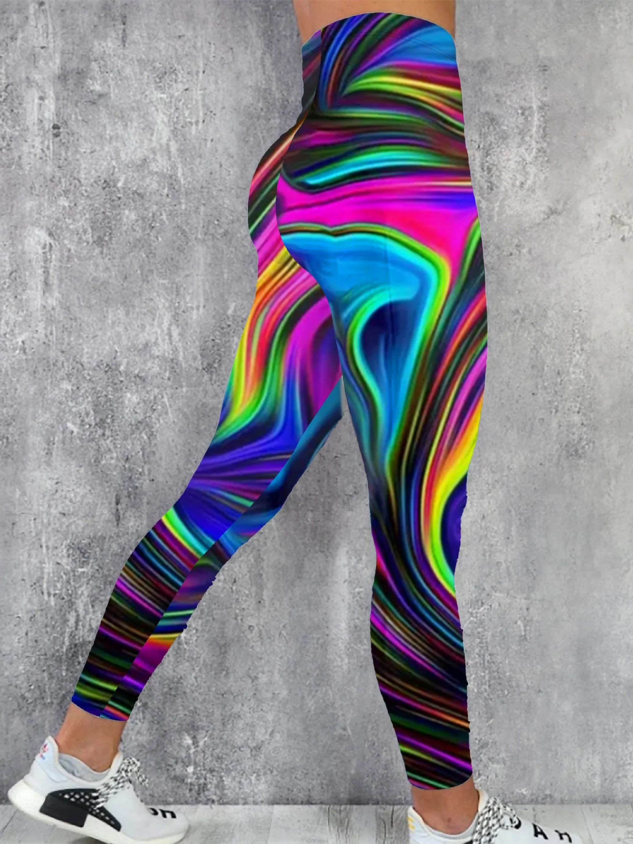 Women Mid‑Rise Fleece Lined Leggings Rainbow Swirl Liquid Gradient Print Soft Stretch Warm Ladies Casual Pants