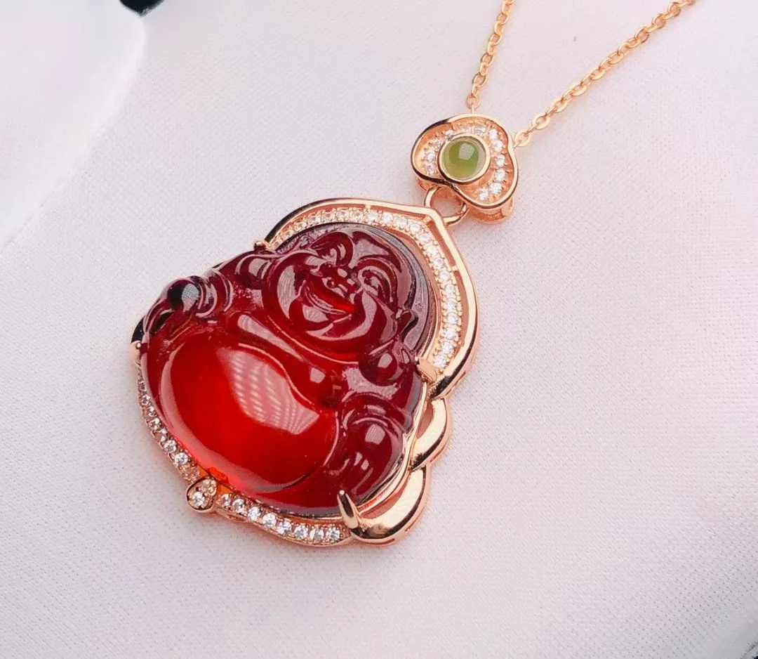 

Certificate 925 Silver Natural Red Amber Maitreya Buddha Enlightenment Pendent Auspicious Adornment Enlightenment Peace Jewelry
