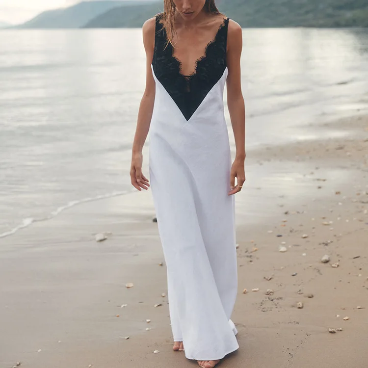 

Splicing Lace Contrasting Color Suspender Dress Women's New Sexy Backless V-neck Sleeveless Hip-wrapped Dress