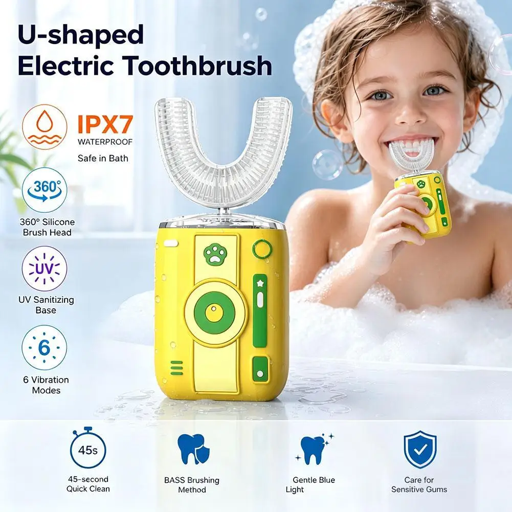 Electric Toothbrush U-shaped Electric Toothbrush Cartoon For Kids Silicon Toothbrush USB Charging Blue Light Teeth Cleaner