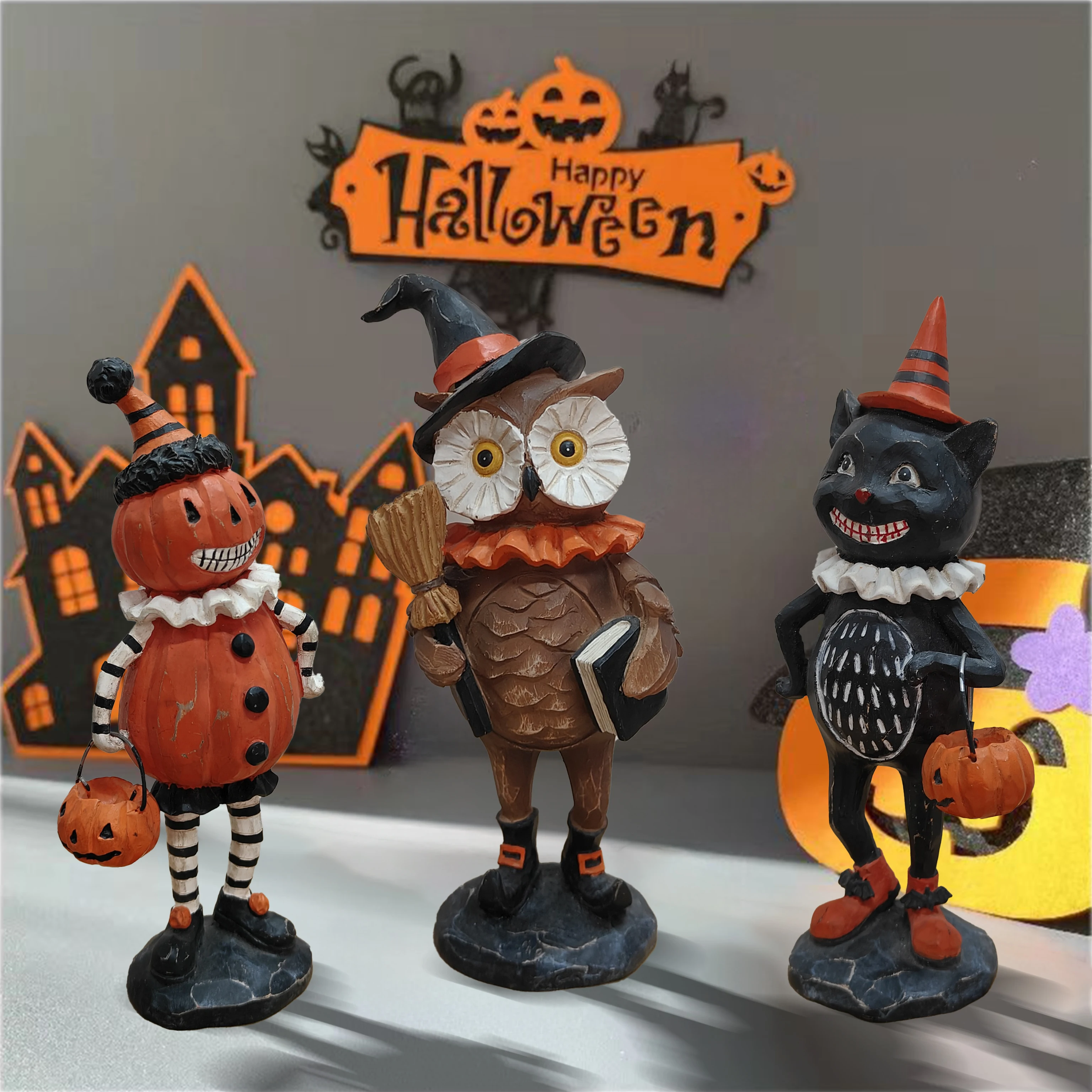 Halloween Pumpkin Puppet Decoration, Resin Carving Owl Black Cat Statue, Halloween Home Indoor and Outdoor Garden Decorations