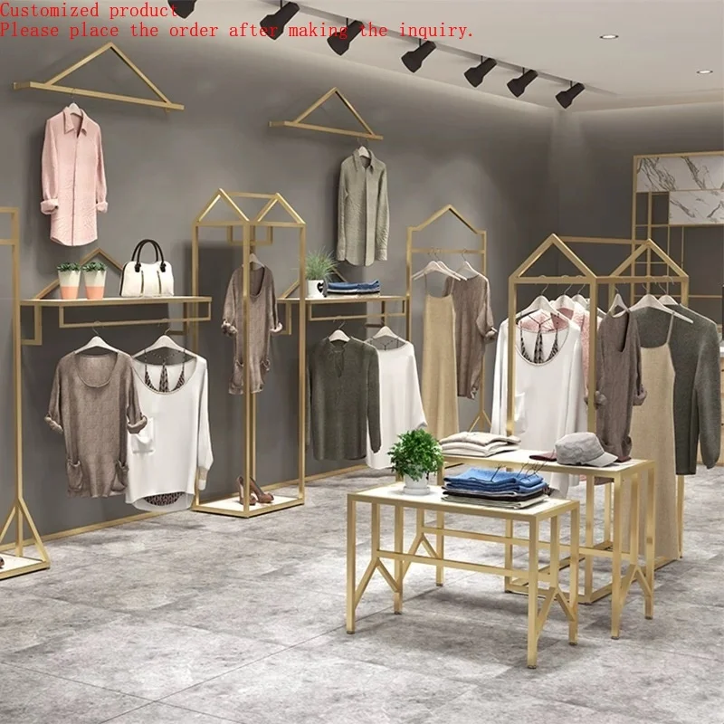 

Shopping Mall Clothing Store Display Shelf Spot Double-layer Golden Women's Clothing Store Hanging Clothes Rack