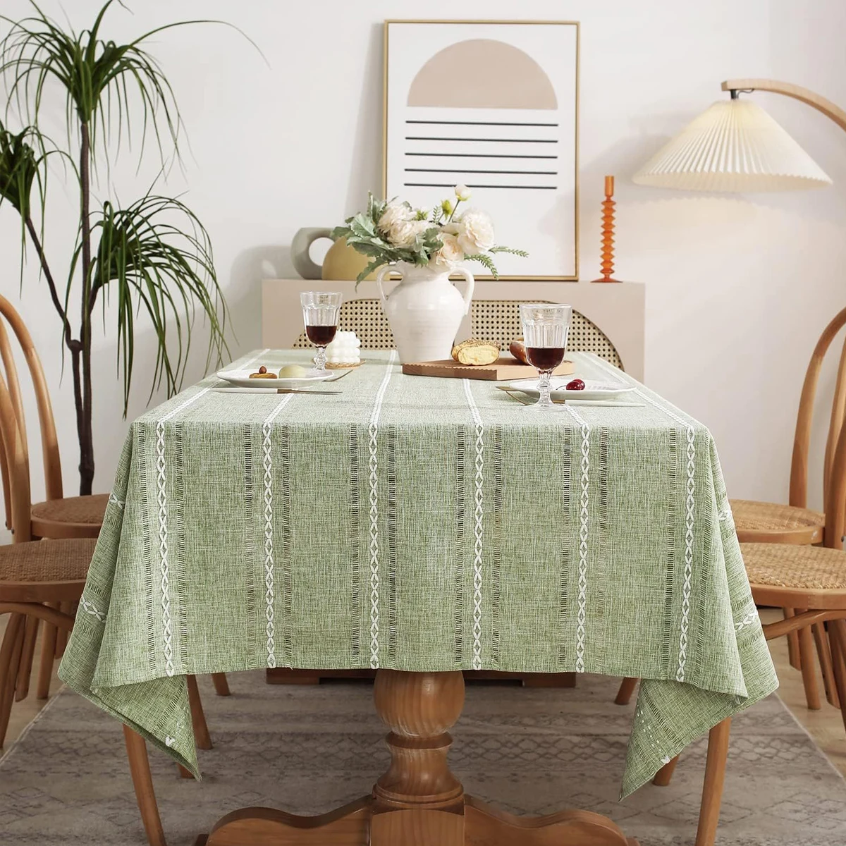 Countryside Style Green Striped Hollow Tablecloth, Suitable for Restaurant Kitchen, Wedding and Holiday Table Decoration