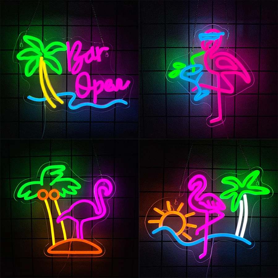 Letrero LED de Neón con Diseño de Flamenco, Letrero con Diseño de Olas Solares, Lámpara de Pared para Fiestas, Decoración Artística para Dormitorio, Sala de Estar, Restaurante, Bar, Club