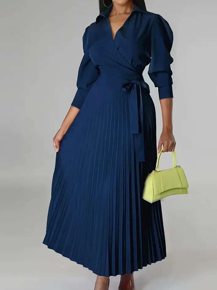 

Qx Loose Draped Beach Style Dress Women's Regular Dress 2025 New Elegant Stand Collar Long Sleeve Waist Pleated Long Skirt