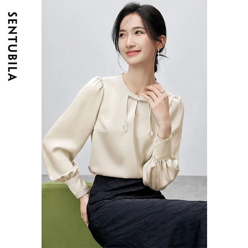 SENTUBILA Elegant Satin Blouse Women 2025 Spring Fall Chiffon Hollow Out Tassel O Neck Chinese Style Woman Tops 143V58117X