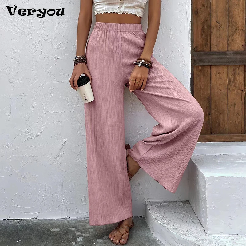 Womens Spring Summer Wide Leg Pants Fashion Solid Elastic Waist Loose Trousers Soft High Quality For Female Crumpled Pants Ladys