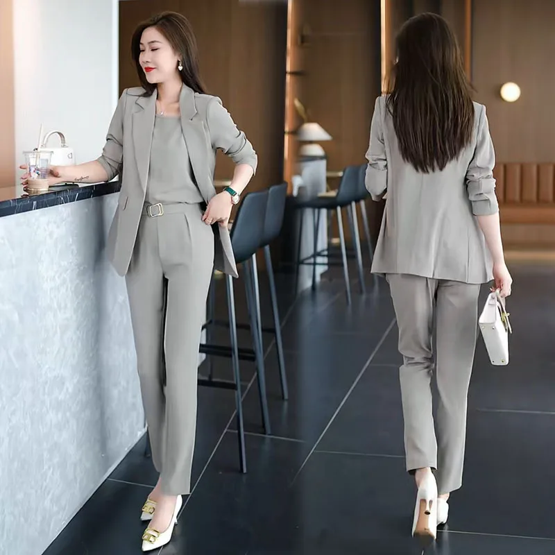 Conjunto blazer feminino de três peças, jaqueta fina casual, calça lápis, colete elegante de escritório, roupa de negócios, verão