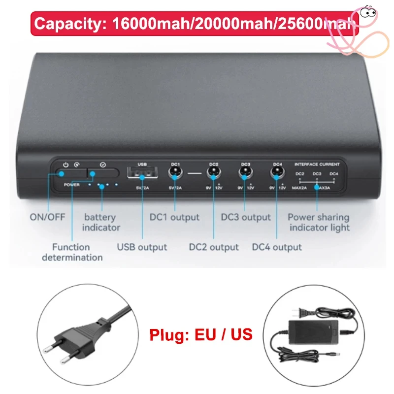 

16000/20000/25600mAh Uninterrupted Power Supply 5V 9V 12V 5.5x2.1mm UPS Power Supply for Wireless Routers Laptop Camera