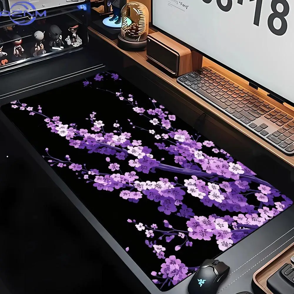 Purple Cherry Blossoms Mouse Pad Large Computer Office Game Table Mat Rubber Anti-slip Stitched Keyboard Mat XXL Desk Pad