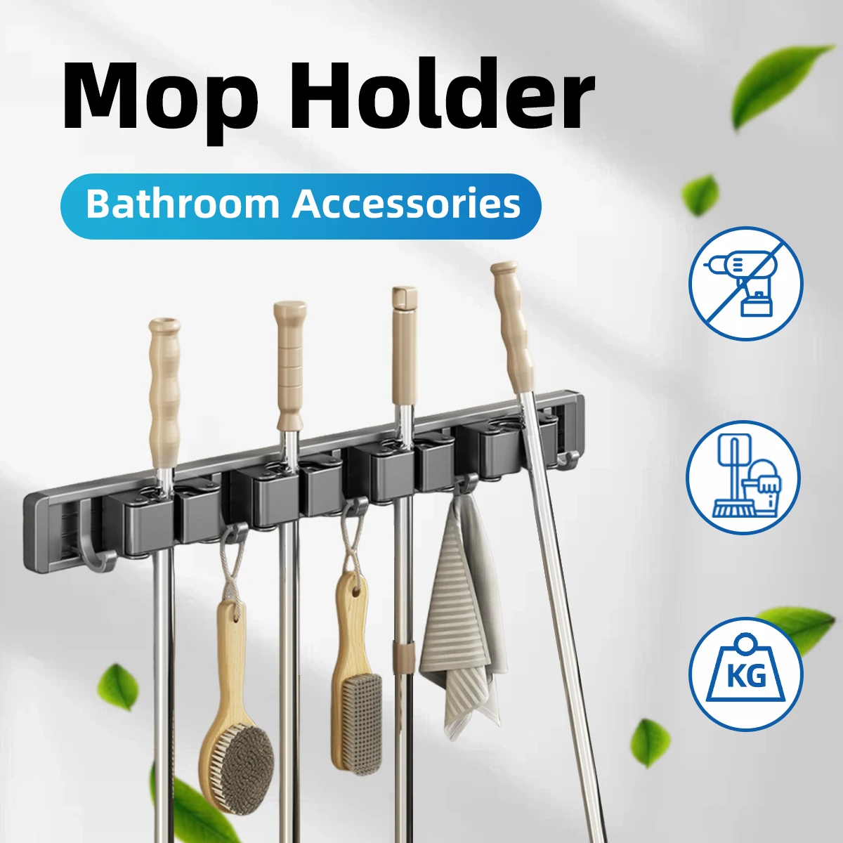 Mop Holder Wall Mounted Broom Rack Aluminum Alloy Garage Garden Kitchen Tool Fishing Gear Storage Hanger