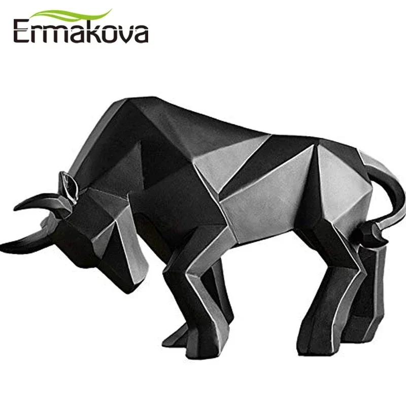 ERMAKOVA Geometric Resin Bull Statue Bison Sculpture Decoration Abstract Animal Figurine Room Desk Home Decoration Gift