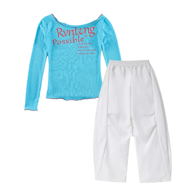 Abbigliamento Hip Hop Kpop per bambini T-shirt a maniche lunghe con orlo riccio blu Pantaloni da paracadute larghi da strada bianchi per vestiti per costumi da ballo per ragazze