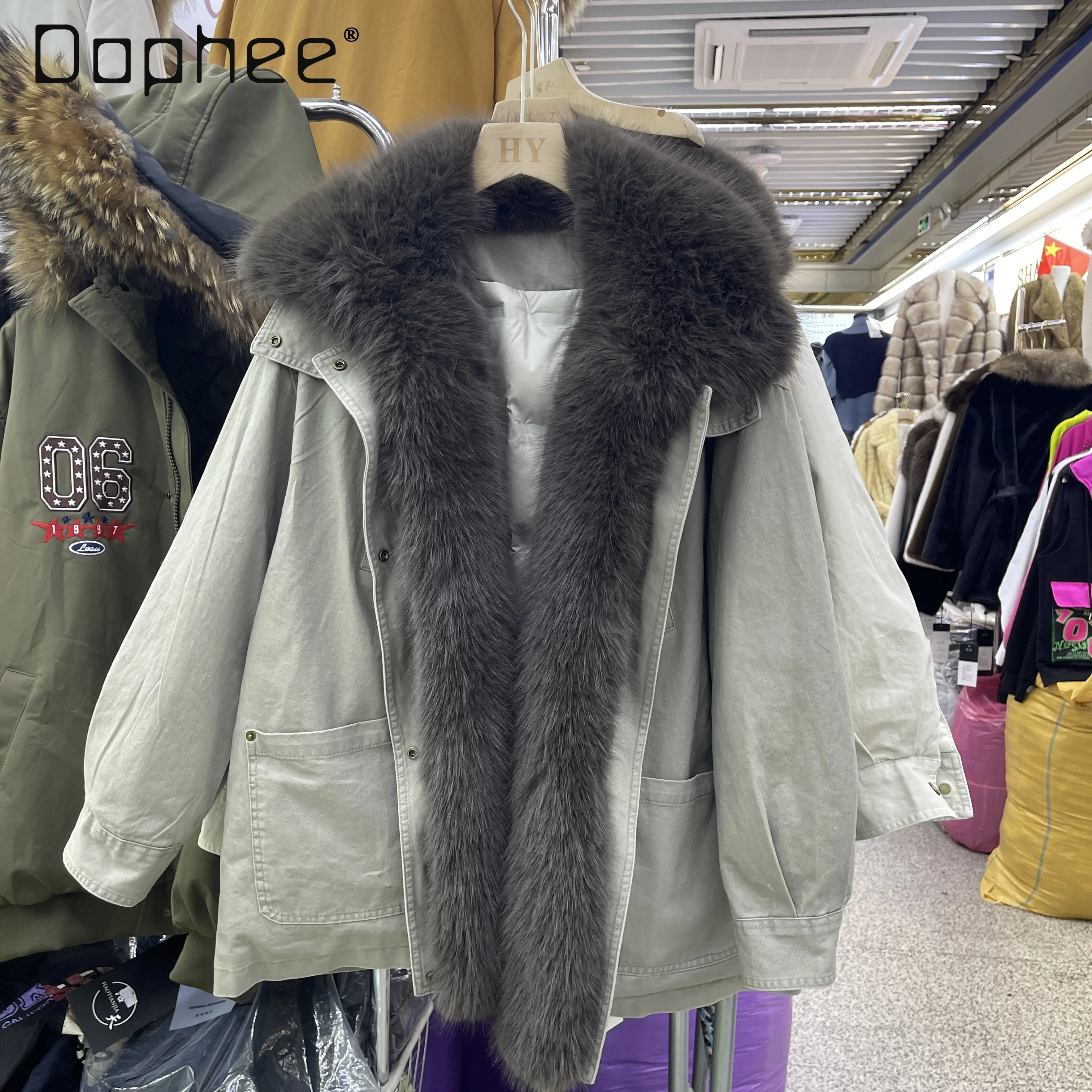 

Large Lapel Furry Patchwork Workwear Down Jacket for Women 2025 Winter Mid-Length White Duck Down Parka Quilted Coat