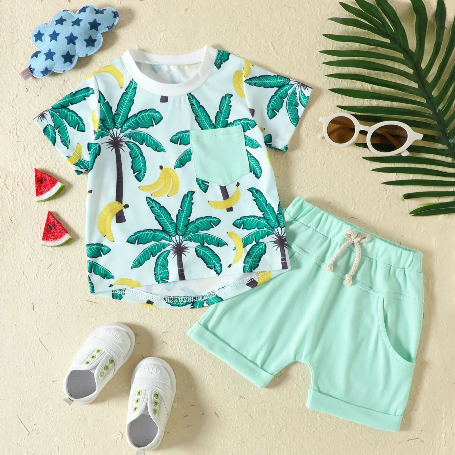 2Piece Sets Summer Newborn Boy Clothes Fashion Casual Print Beach Short Sleeve Cotton Tops+Shorts Baby Boutique Clothing BC216