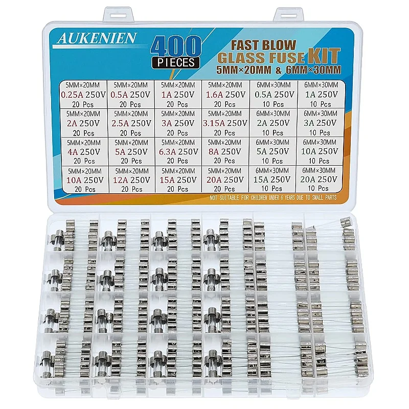 

24Values 400PCS Glass Fuse Set 5x20mm 0.25A TO 20A 250V 6.3x32 6x30mm 0.5A 1A 22 A 3A 5A 5A 10A 15A 20A Glass Fuses