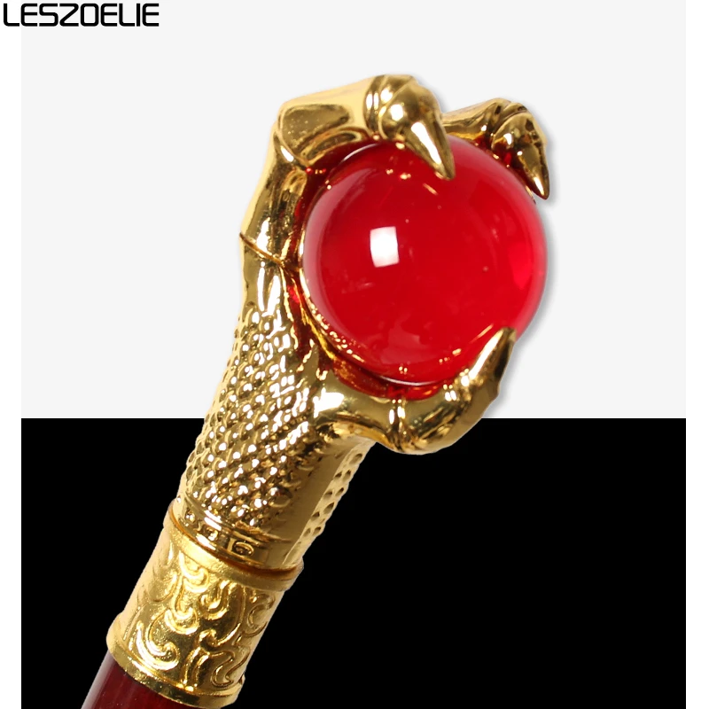 Bastón de madera para hombre y mujer, garra de dragón dorada de 104cm con bola de cristal roja, 3 piezas