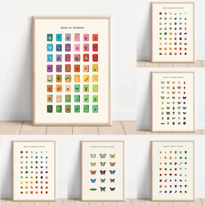 Butterflies Insects Stardew Valley Seeds Foraged Gems Minerals Poster Print Canvas Painting Wall Art Pictures Room Home Decor