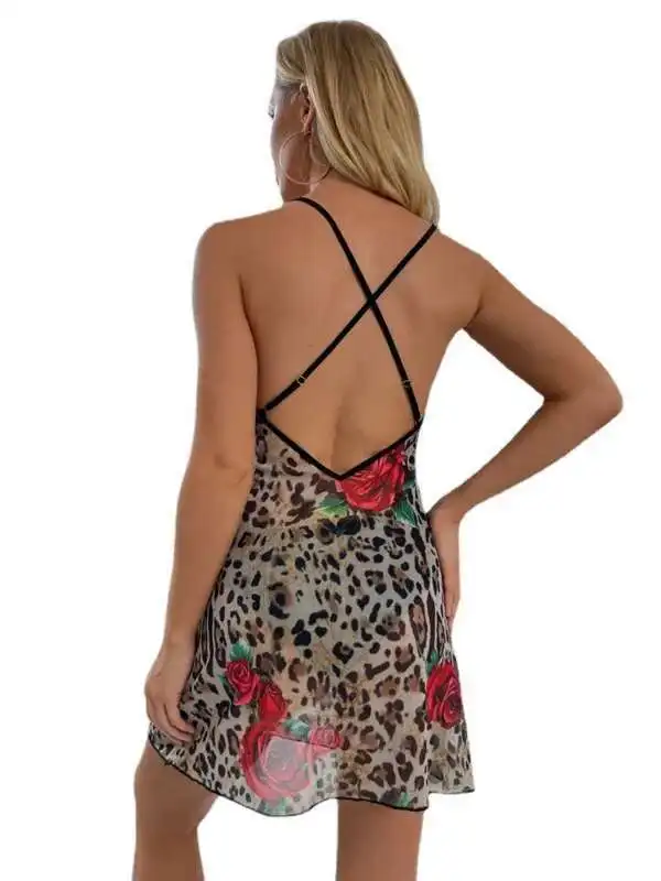 موضة الصيف الغريبة حزام المرأة 2024 جديد U الرقبة ليوبارد نمط زهرة ضوء ومثير ملهى ليلي التخسيس فستان أنيق 6T7Q