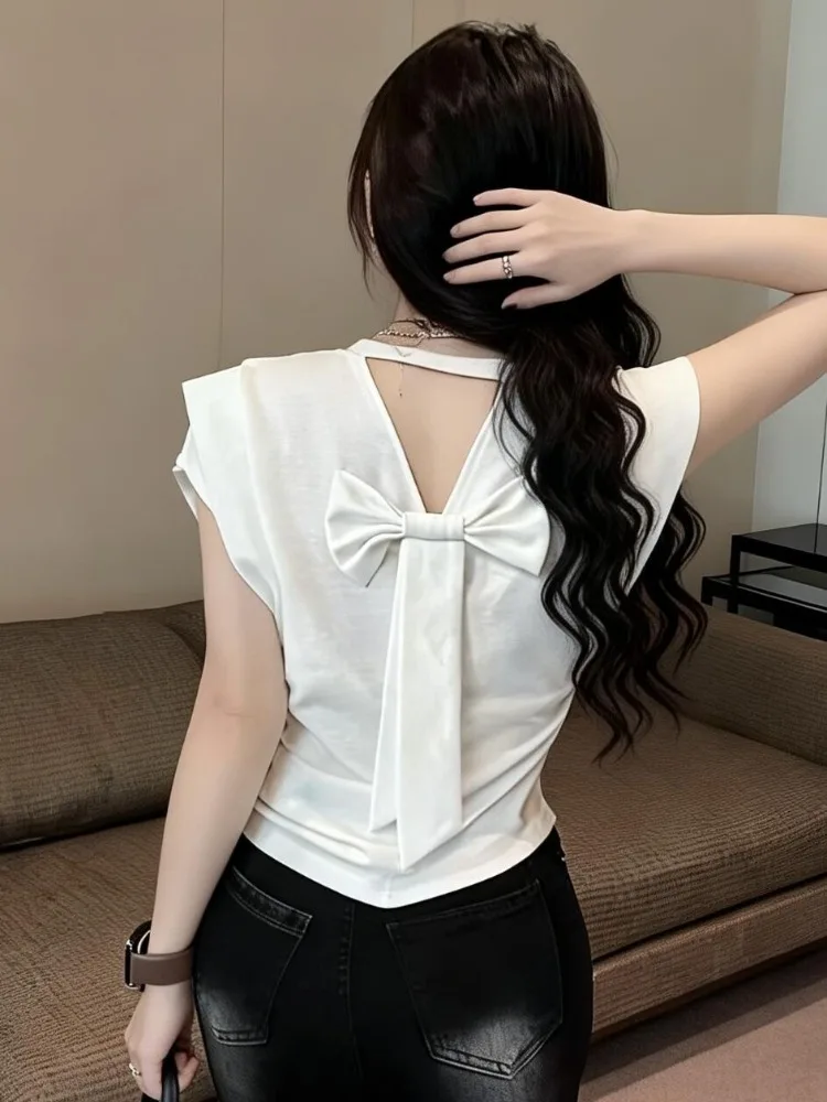 

Casual Style Short Hollow out Fly Sleeve T-Shirt Women's Summer New Back Knot Design Fashion Sensation Casual Wear