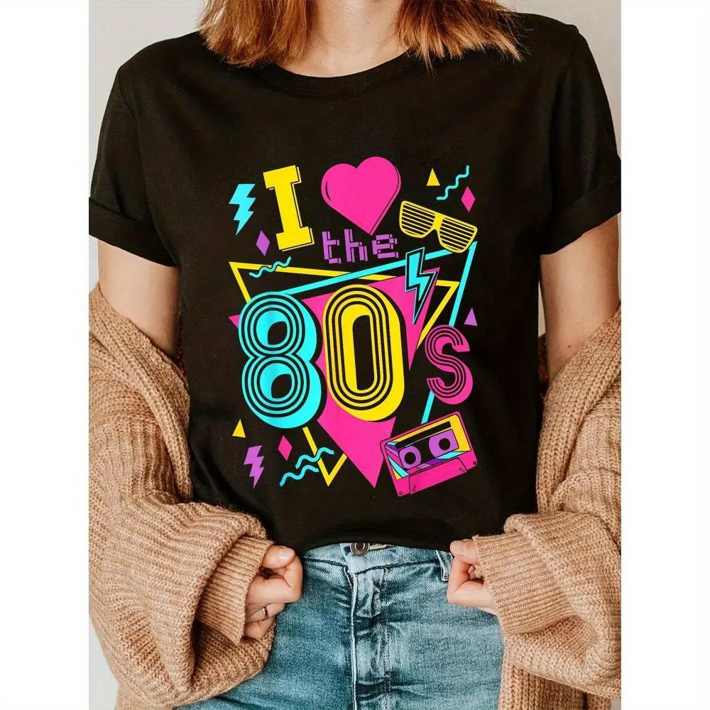 

Женская футболка больших размеров I Love The 80s с графическим рисунком — повседневная футболка в стиле ретро с коротким рукавом и жирным принтом, мягкая, с круглым вырезом, машинная