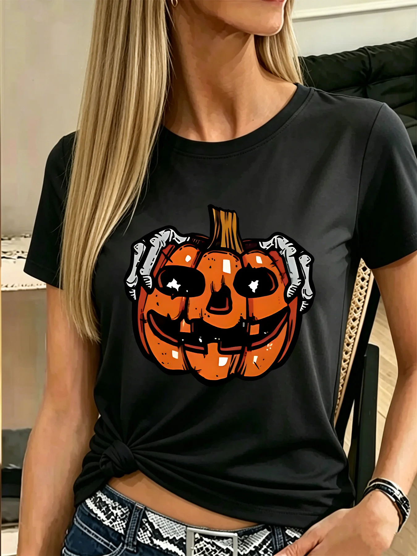 Creepy Halloween Pumpkin Skeleton Graphic Womens T Shirt Spooky Holiday Tee Short Sleeve Casual Daily Streetwear Ladies Tops