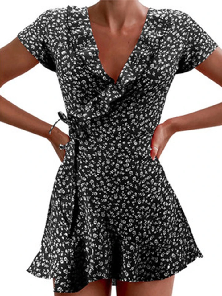 Vestido de Verano para Mujer Corte A-Line Elegante con Flores y Volantes, Escote en V, Corto y Chic 3