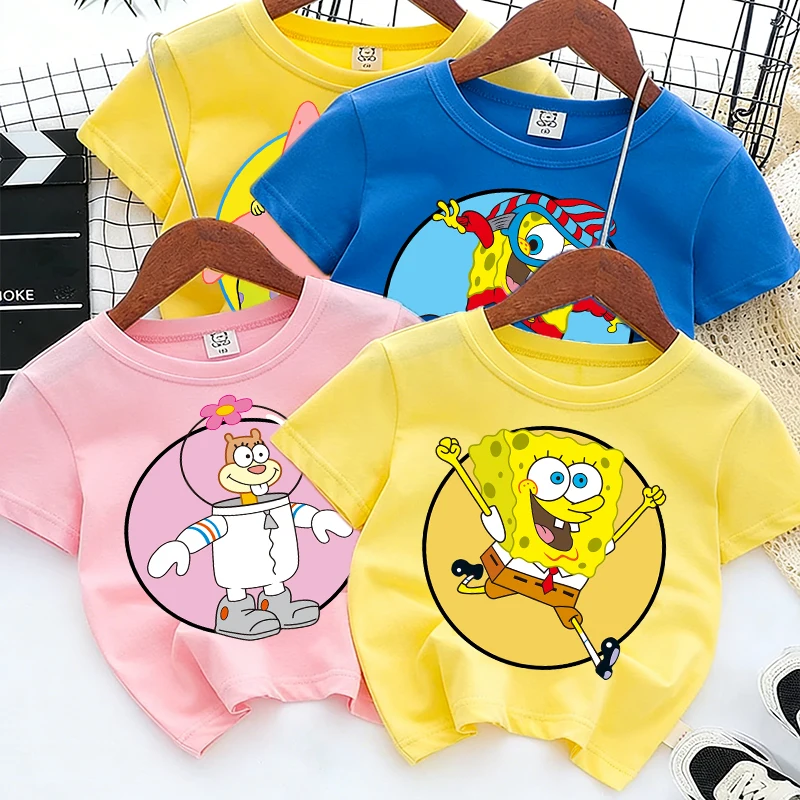 Cute SpongeBobs T-shirt Kids Anime Round Role Boys Girl Toddler Cotton Streetwear Tees Casual Short Sleeve Childern Clothes Tops