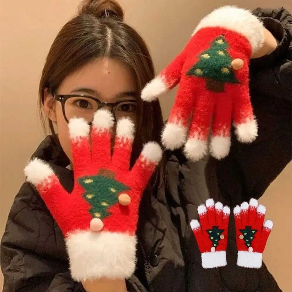 

Cute Furry Christmas Gloves Snowflake Christmas Tree Full Finger Knit Gloves Warm Coldproof Skiing Hiking Running Winter Gloves