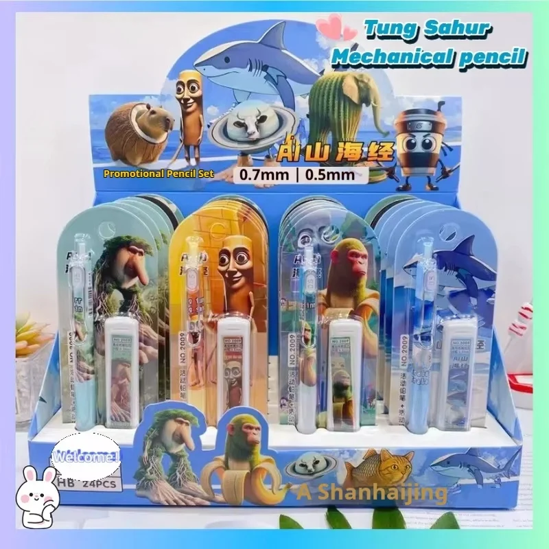 

Новинка, 24 шт., набор деревянных автоматических механических карандашей Tung Sahur, итальянский Brainrot, многоразовый канцелярский грифель, который нелегко сломать