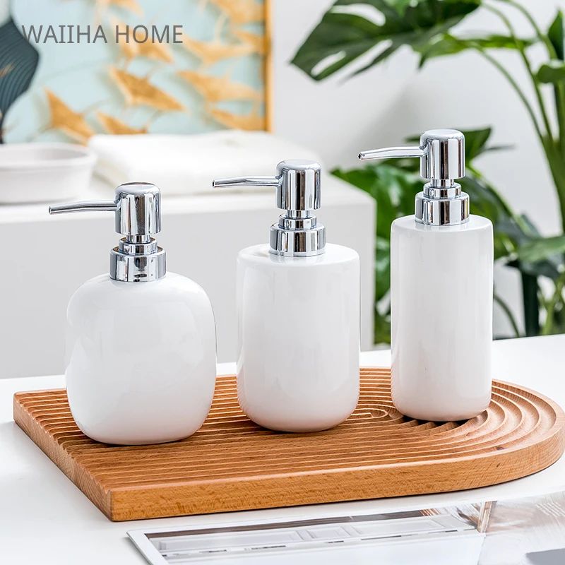 Soap Dispenser Bathroom Ceramics Shower Gel Shampoo Bottle 300-450ml White Ceramic Emulsion Dispensing Bottle For Kitchen