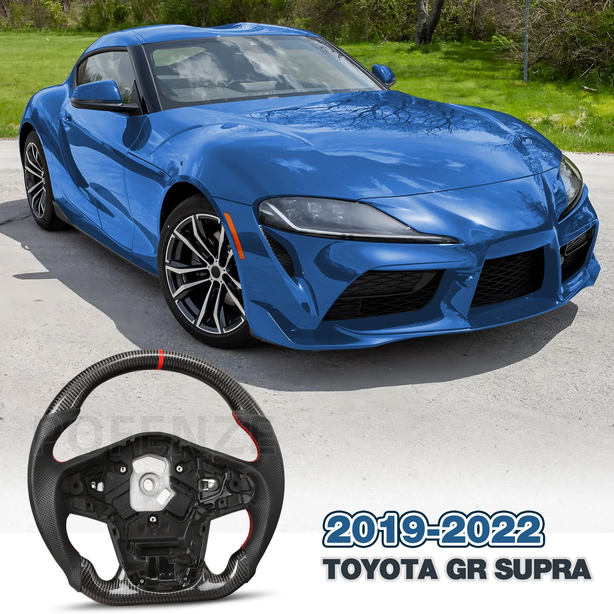 คาร์บอนไฟเบอร์พวงมาลัยสําหรับ Toyota GR Supra 2019-2022 D-รูป Nappa Perforated หนังแบนด้านล่างที่กําหนดเองพวงมาลัย