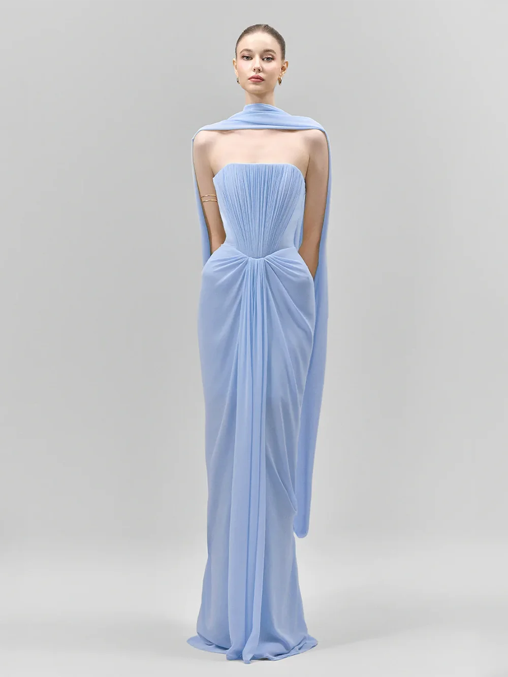 Modphy Elegant Slimming Spliced Draped Temperament Dresses for Women Strapless Sleeveless Patchwork Ribbon Dress Female Clothing