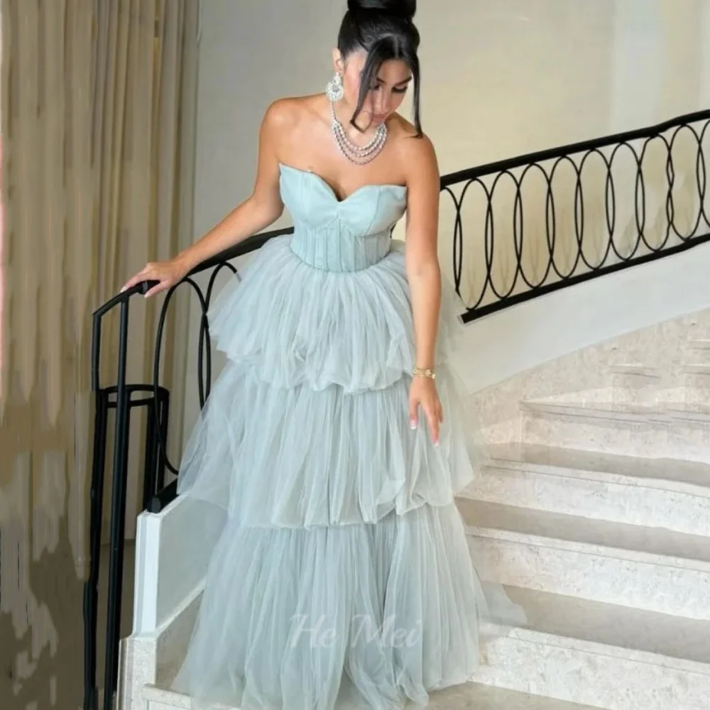 

Customized Prom Dresses Sweetheat Neck Evening Dress Romantic Tiered Tulle Party Gowns Floor Length Vestidos De Novia