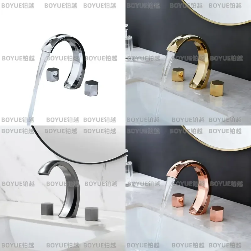 Gun Gray Rose Gold Brass 3 Hole Bathroom Faucet Hexagonal Split Basin Mixer Tap Hot Cold Water Sink Fixture Modern Design
