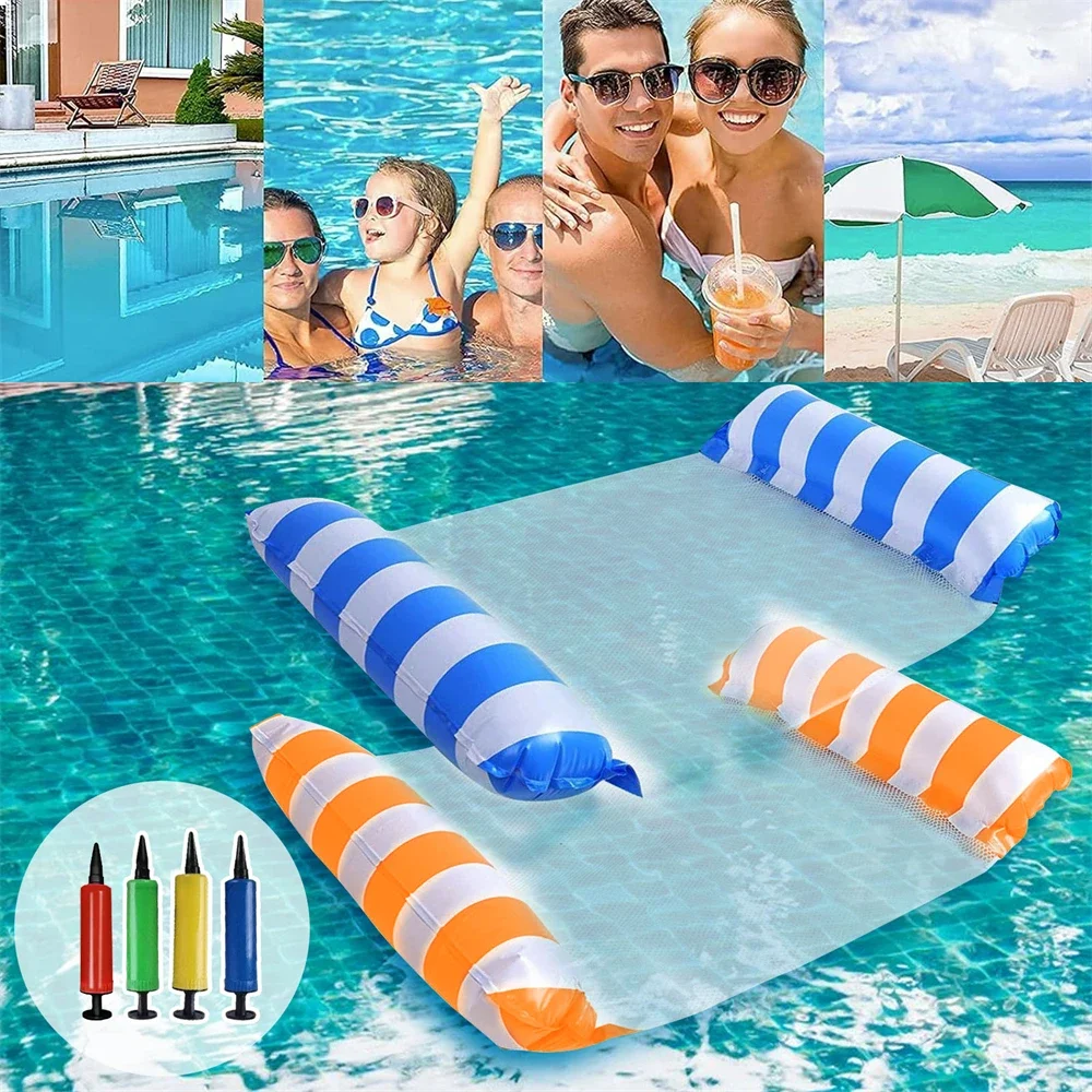 Hamaca inflable de 2 piezas para piscina, colchoneta flotante plegable a rayas, para verano, accesorios para fiestas, novedad