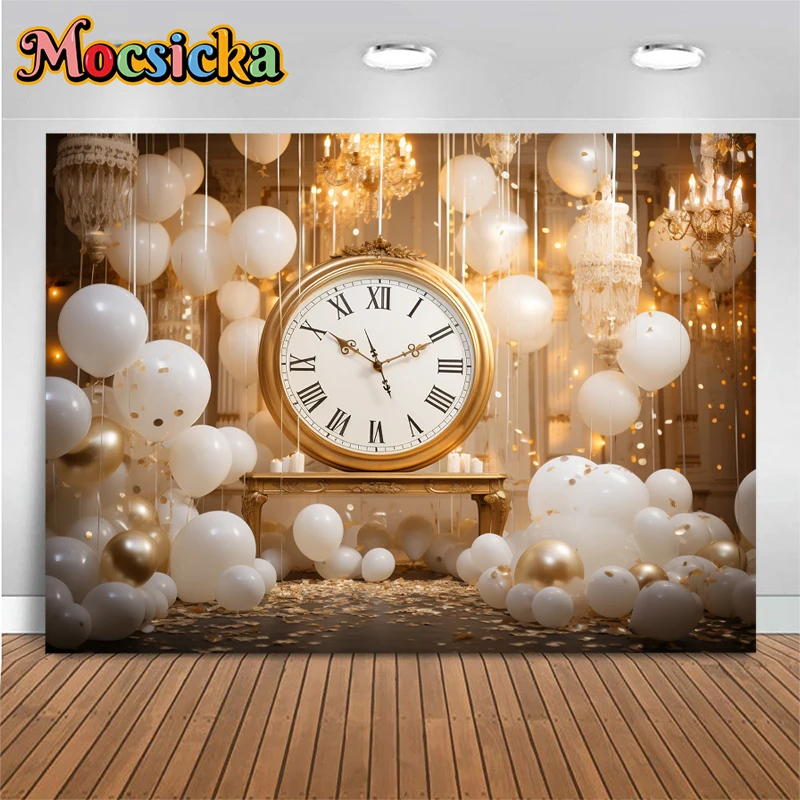 Fondo de fotografía de Feliz Año Nuevo, Fondo de cuenta regresiva de reloj dorado, globo blanco de Palacio, utilería de decoración de estudio fotográfico