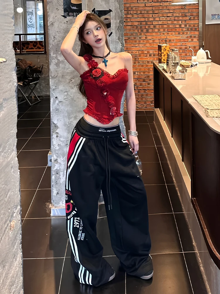 American Style Street Retro Double Waist Head Printed Drawstring Sweatpants Loose Straight Leg Casual Long Trousers for Men A...