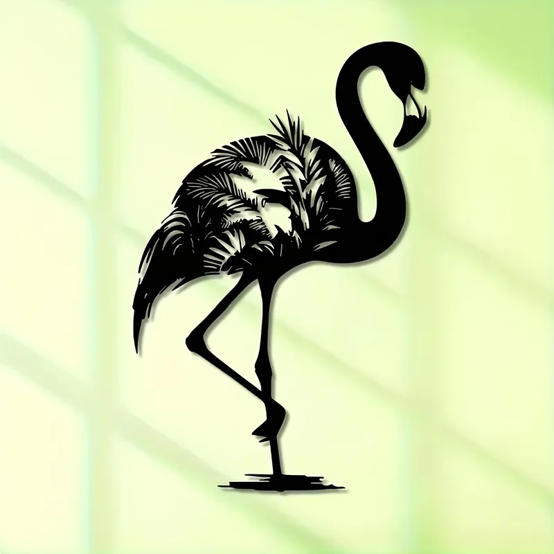 1 pieza de arte de pared metálico elegante de flamenco, escultura de pájaro tropical 2D plana con pico y patas rosas para decoración de hogar, habitación, balcón, regalo de inauguración de casa
