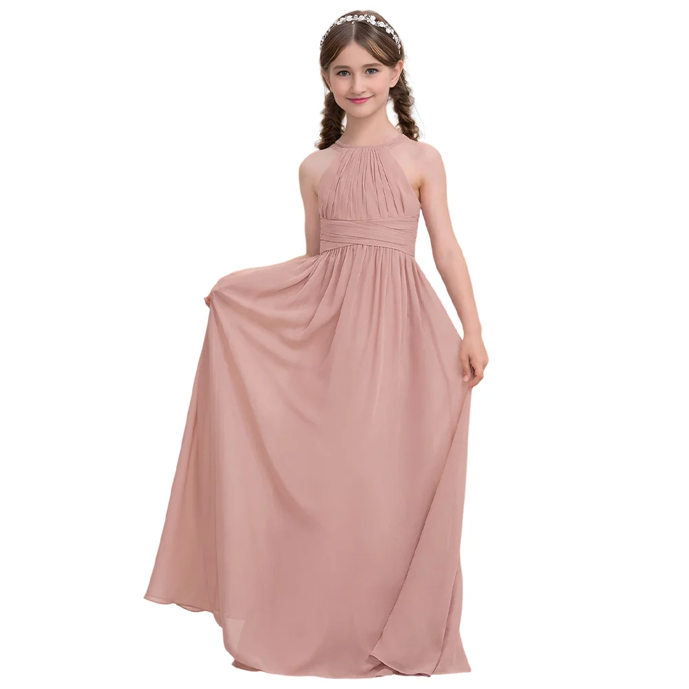 B ホルター ジュニア ブライズメイド ドレス フラワー ガール ドレス フロアレングス シフォン 聖体拝領ドレス 女の子用 ウェディング パーティー フォーマル
