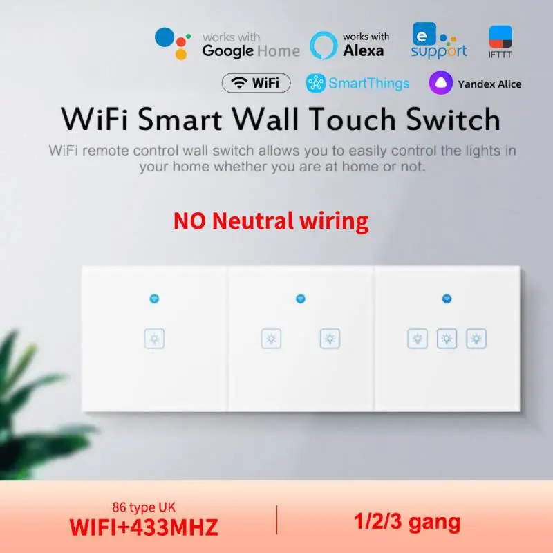 Wifi Smart Touch Wall Switch No Neutral Wiring 1/2/3gang UK 86 Type 180-240V Work With Ewelink App Alexa Google Alice RF Remote