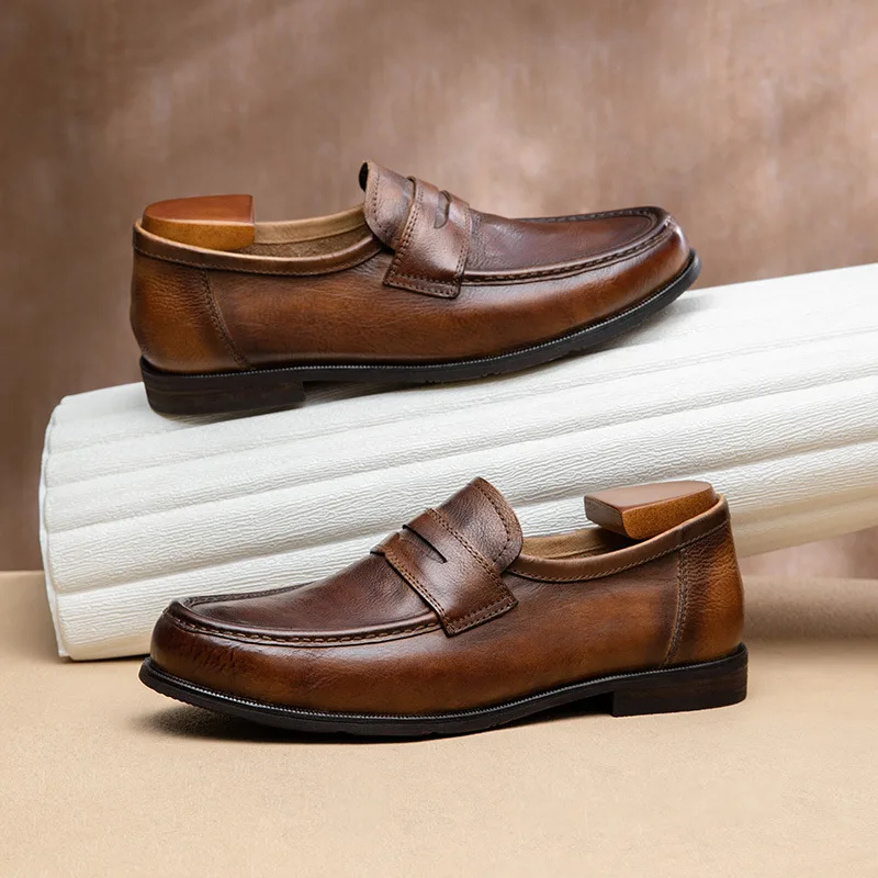 

YETTIES Men's New Slip-On Loafers, Handcrafted Vintage Style Genuine Leather for Business Casual, Fashionable & Versatile